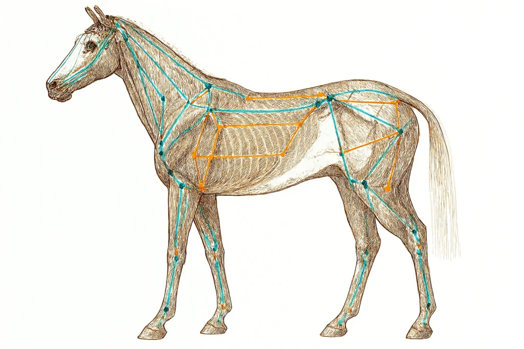 Planche anatomique avec dessin des méridiens sur le corps d'un cheval