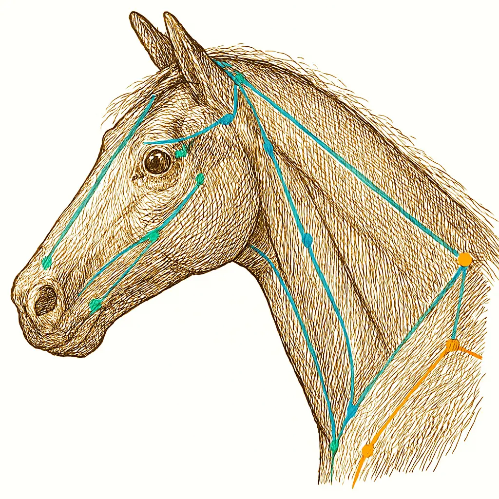 planche anatomique avec dessin des méridiens su la tête d'un cheval